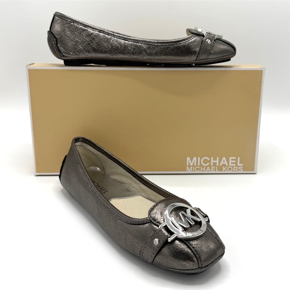 Michael Kors Fulton Moc Flats Nickel Metallic Leather MK Logo 5.5 Ballet